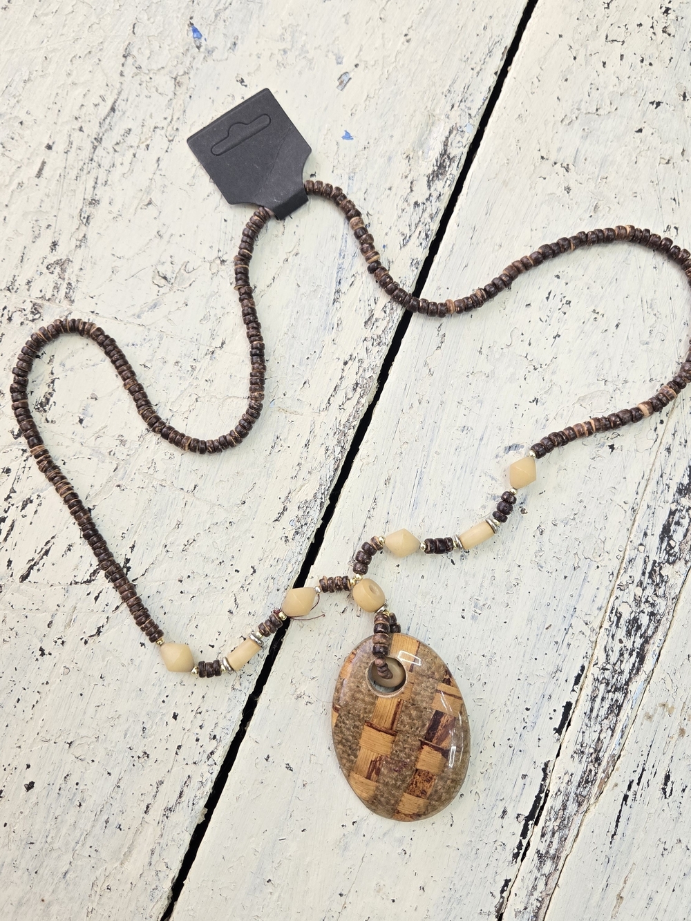 Boho Brown Beaded Necklace Oval Wood Look Statement Pendant 21"